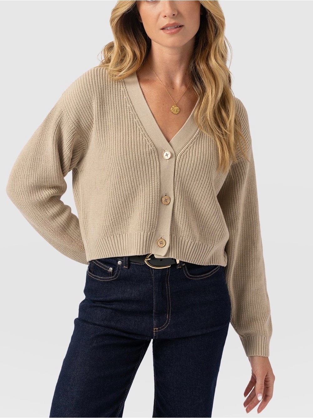 H&M Beige V-Neck Cropped Button-Front Sweater Cardigan